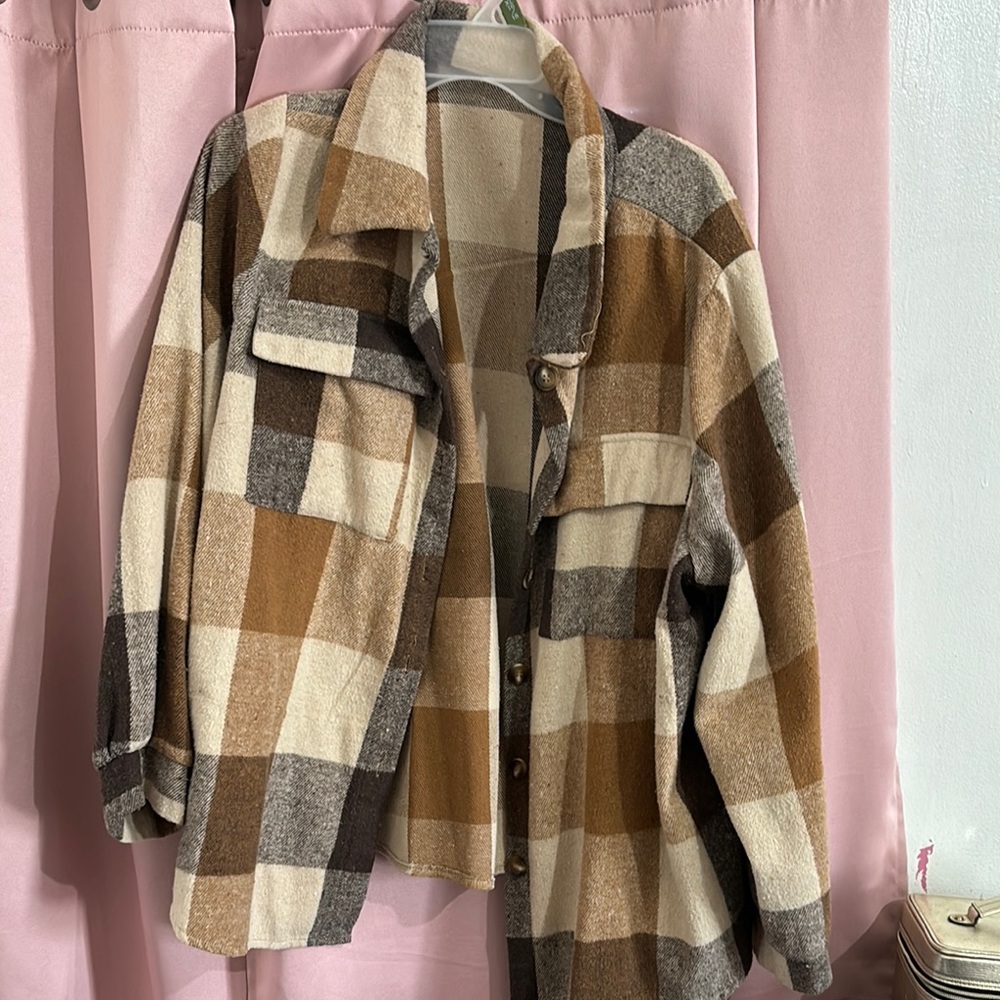 SHEIN Plaid Jacket in Brown and Cream